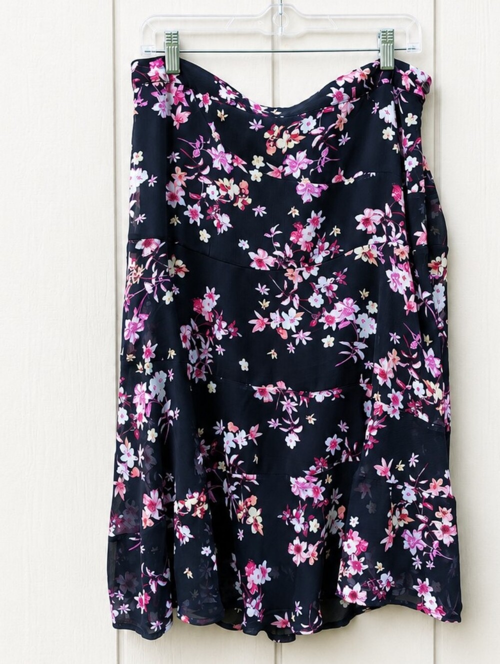 Christopher & Banks Floral Midi Skirt 12 Black Pink Sheer Overlay Boho Romantic